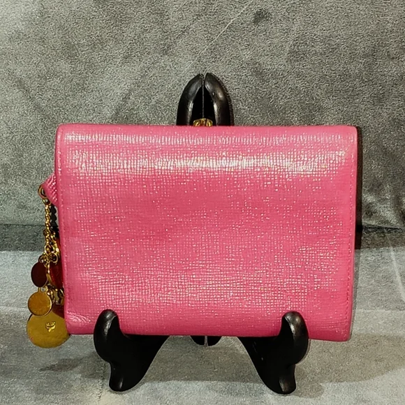 EUC MCM SAFFIANO LEATHER COMPACT WALLET DECORATIVE METAL MCM BAGDES & CHARMS